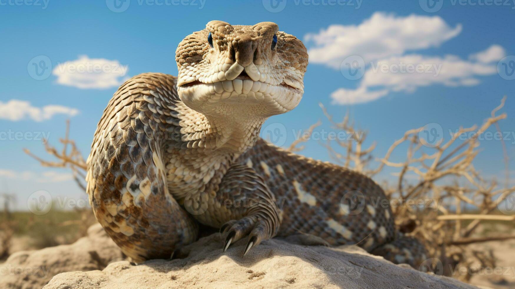 Photo of a Rattle snake under Blue Sky. Generative AI