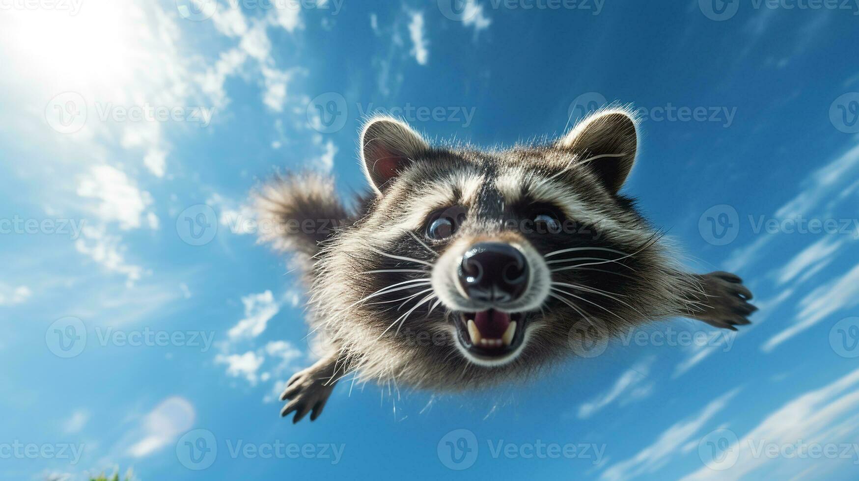 Photo of a Raccoon under Blue Sky. Generative AI