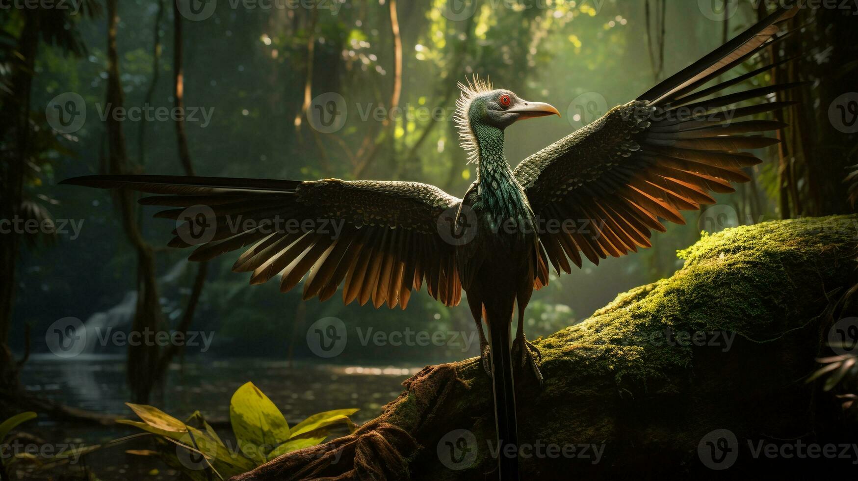 Photo of Archaeopteryx Rex in the Jungle. Generative AI