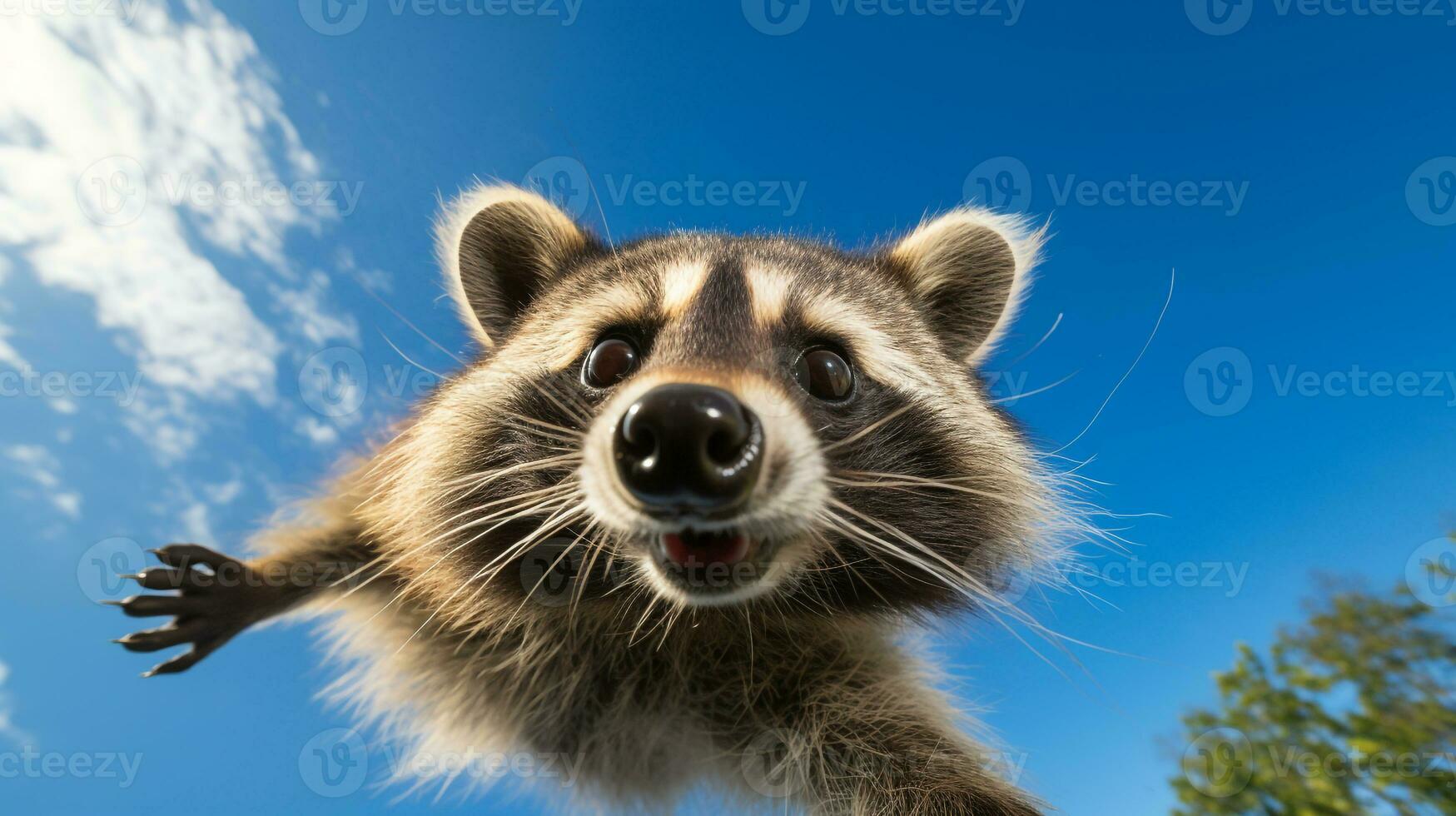 foto de un mapache debajo azul cielo. generativo ai