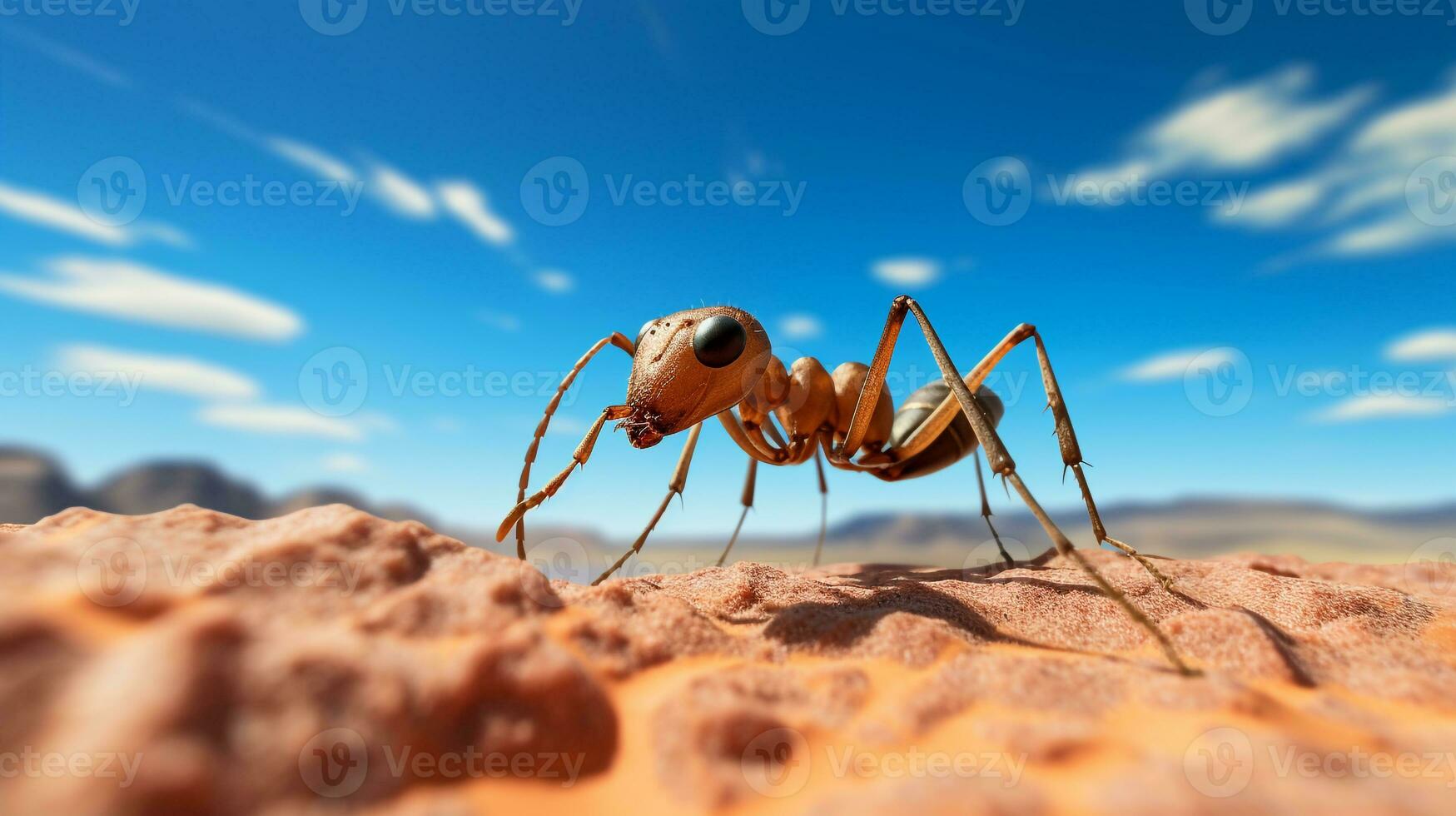 Photo of a Sahara Desert Ant in a Desert with blue sky. Generative AI