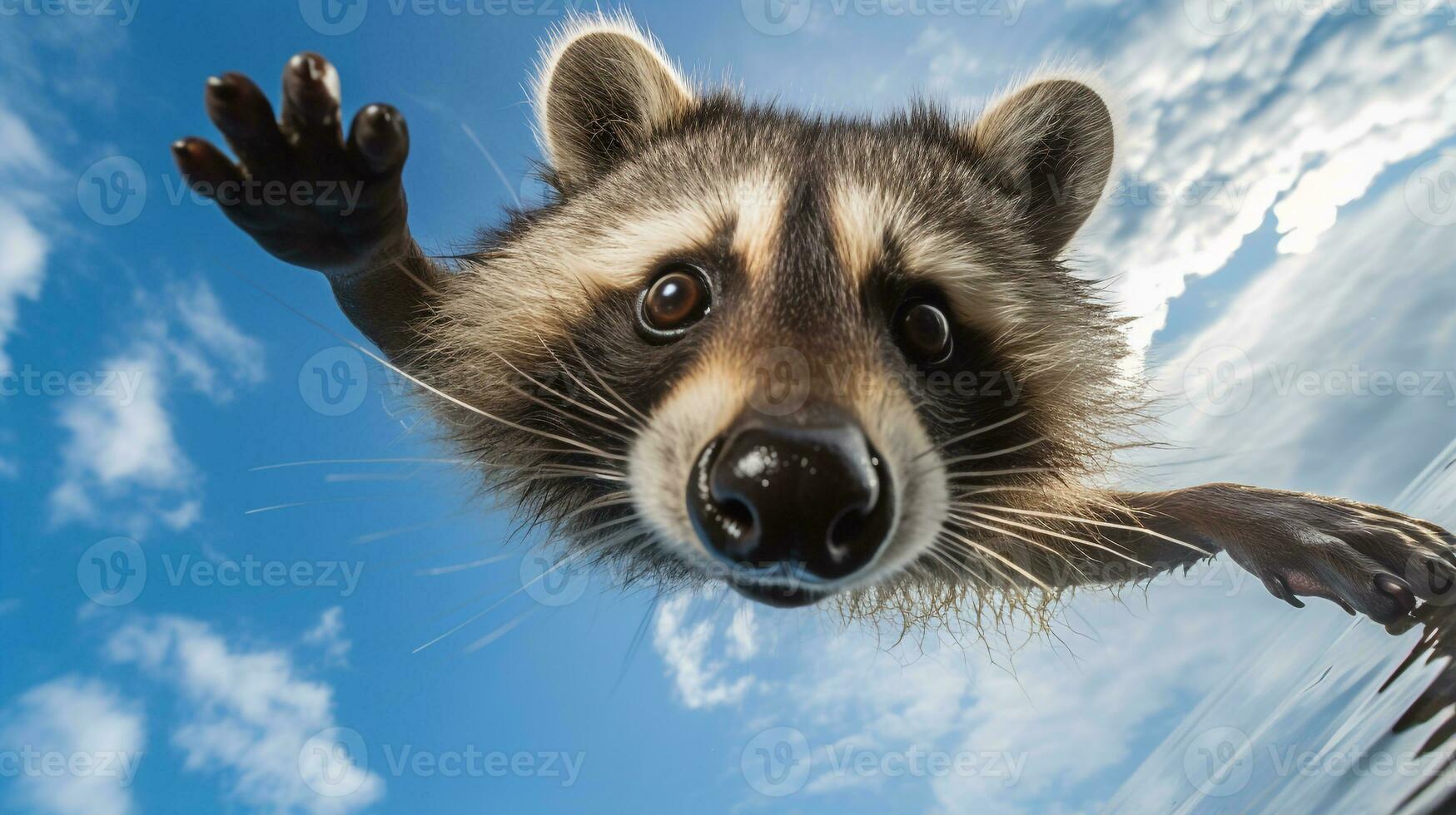 foto de un mapache debajo azul cielo. generativo ai