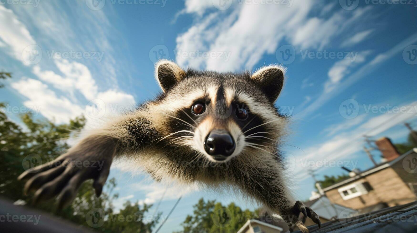 foto de un mapache debajo azul cielo. generativo ai