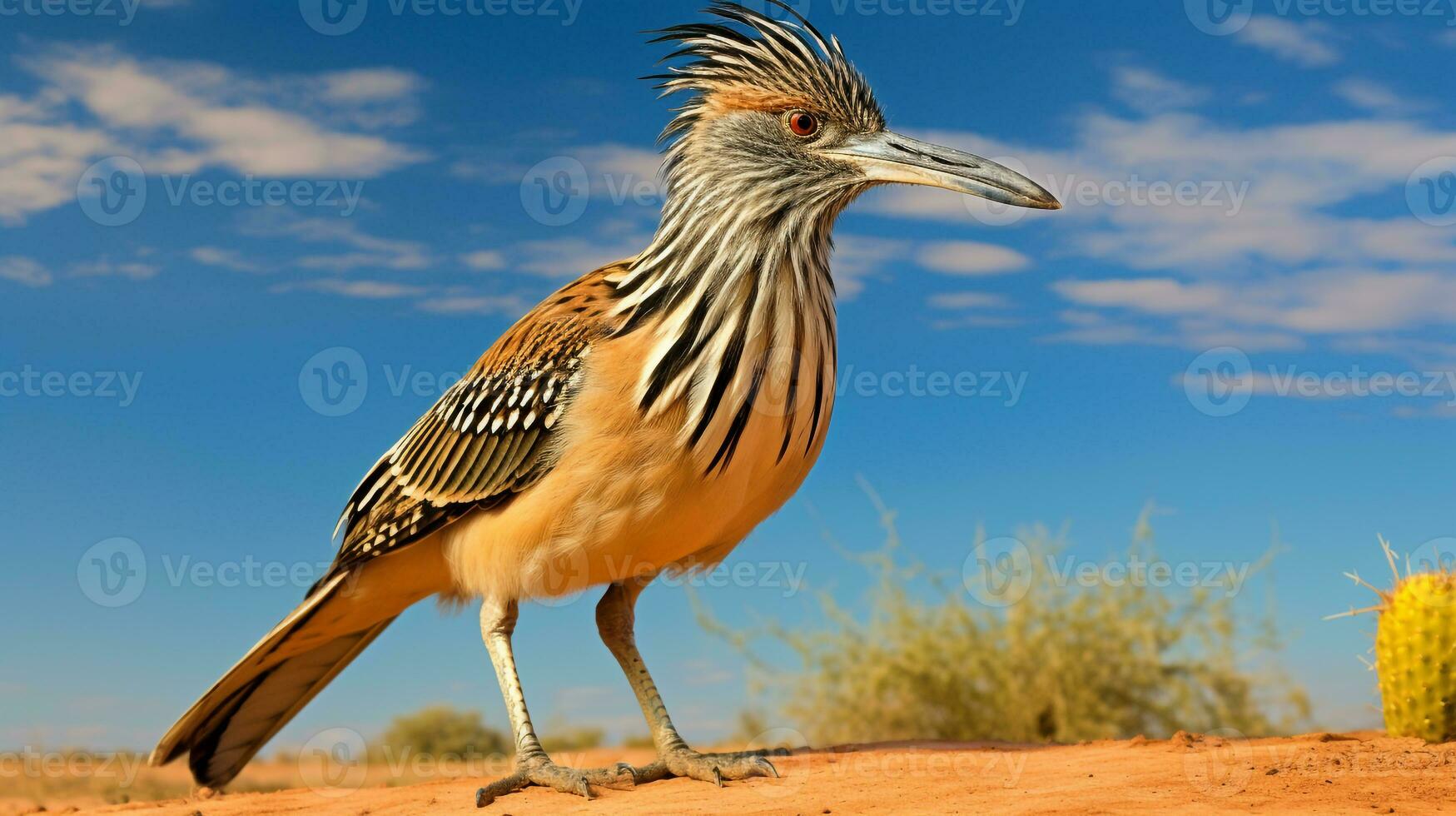 Photo of a Roadrunner in a Desert with blue sky. Generative AI