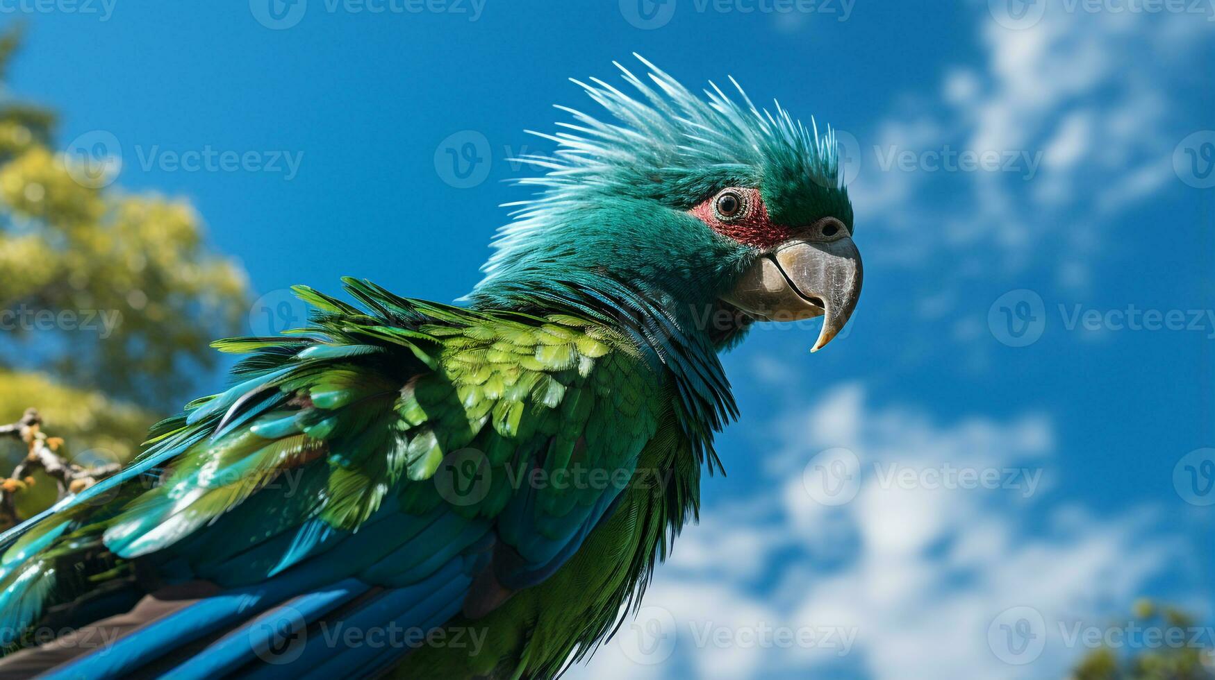 foto de un quetzal debajo azul cielo. generativo ai