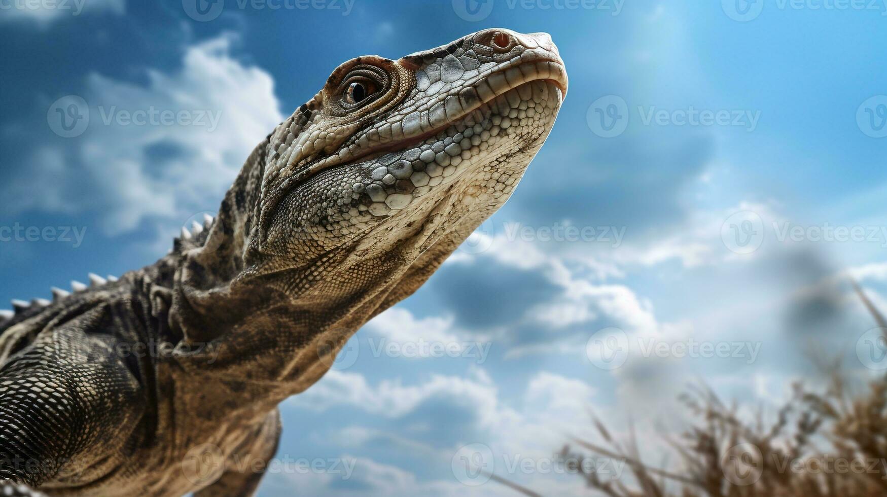 Photo of a Monitor Lizard under Blue Sky. Generative AI