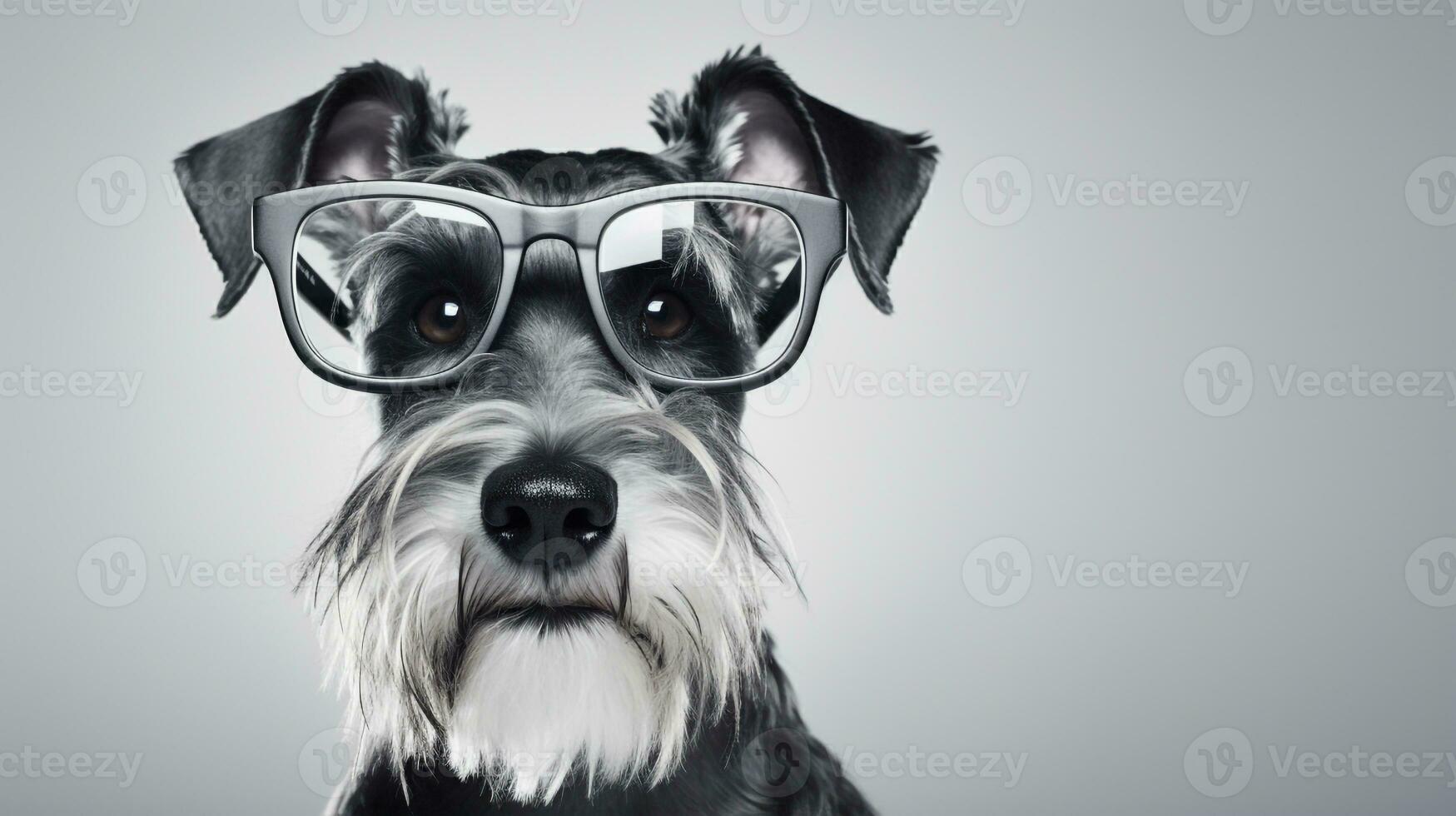 Photo of a Miniature Schnauzer dog using eyeglasses isolated on white background. Generative AI