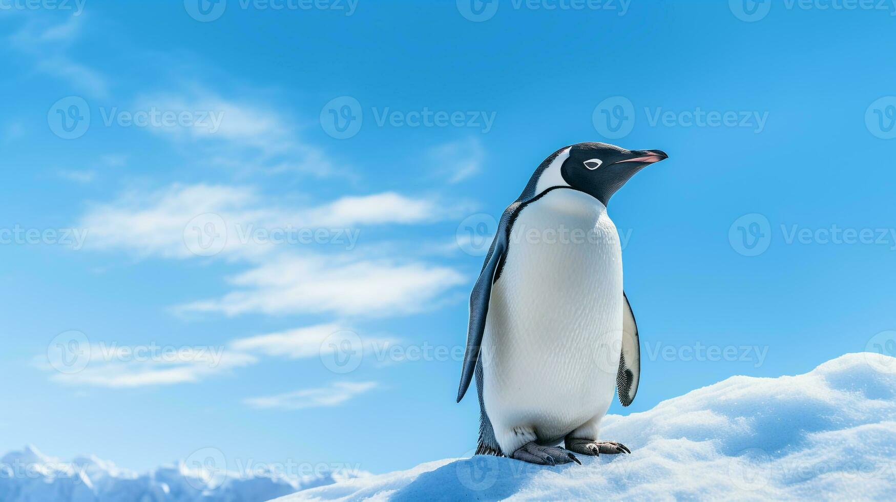 foto de un pingüino debajo azul cielo. generativo ai