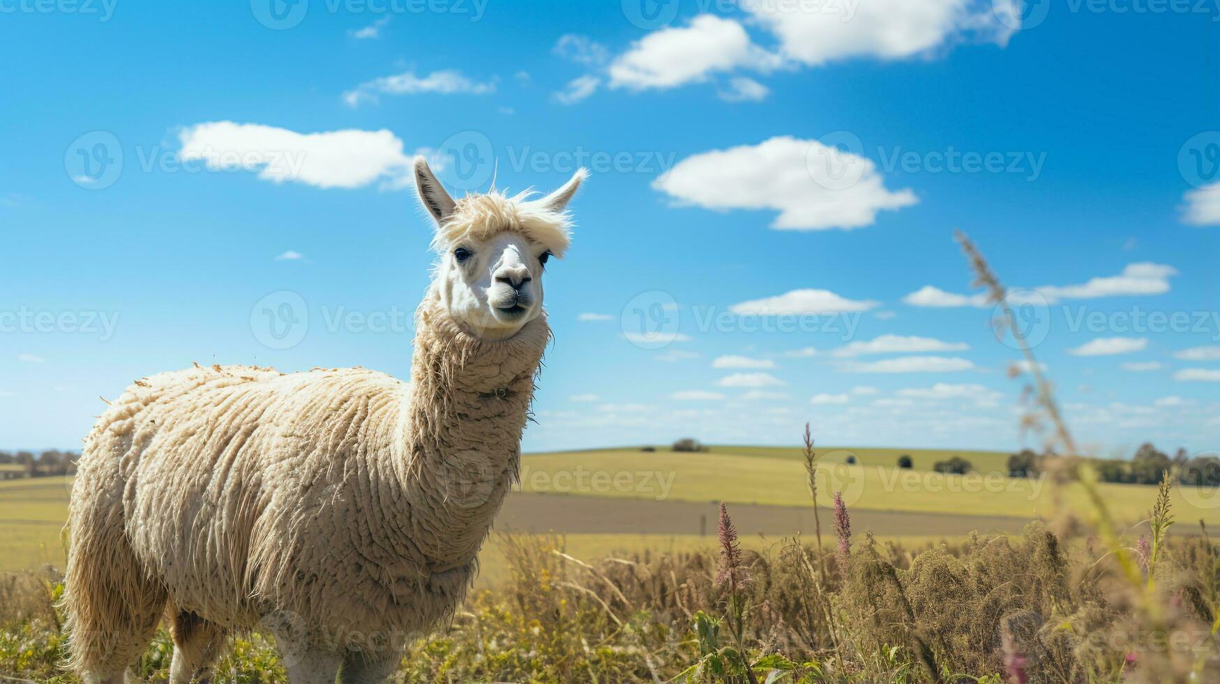 Photo of a Llama in the Farmland. Generative AI