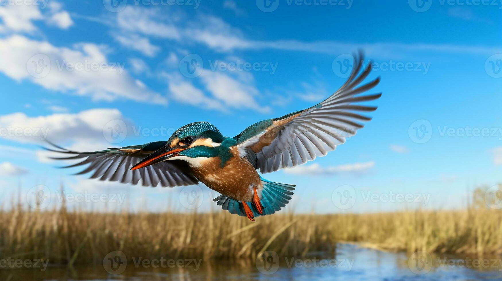 Photo of a Kingfisher under Blue Sky. Generative AI