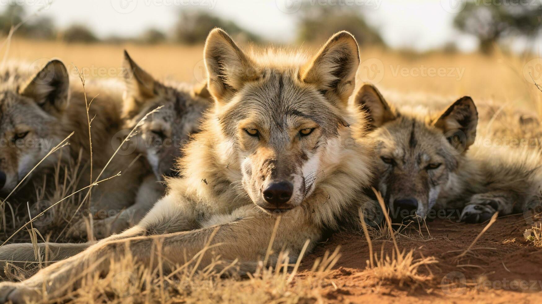 Photo of a herd of Wolf resting in an open area on the Savanna. Generative AI