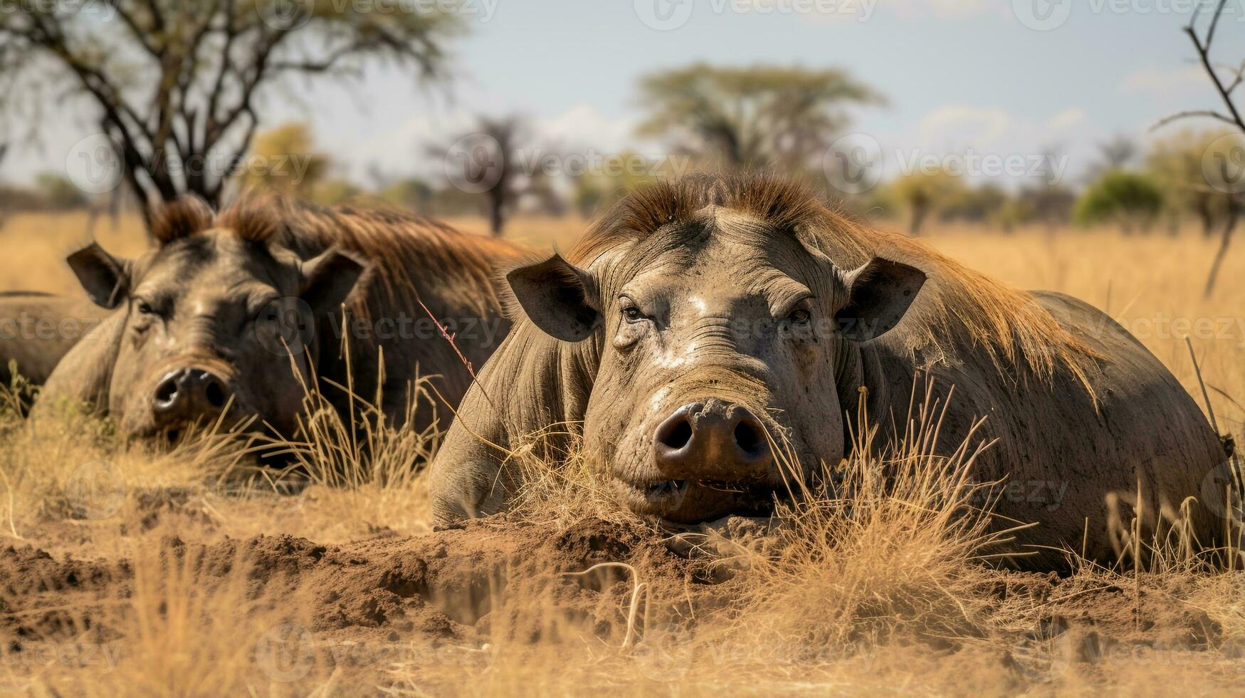 Photo of a herd of Warthog resting in an open area on the Savanna. Generative AI