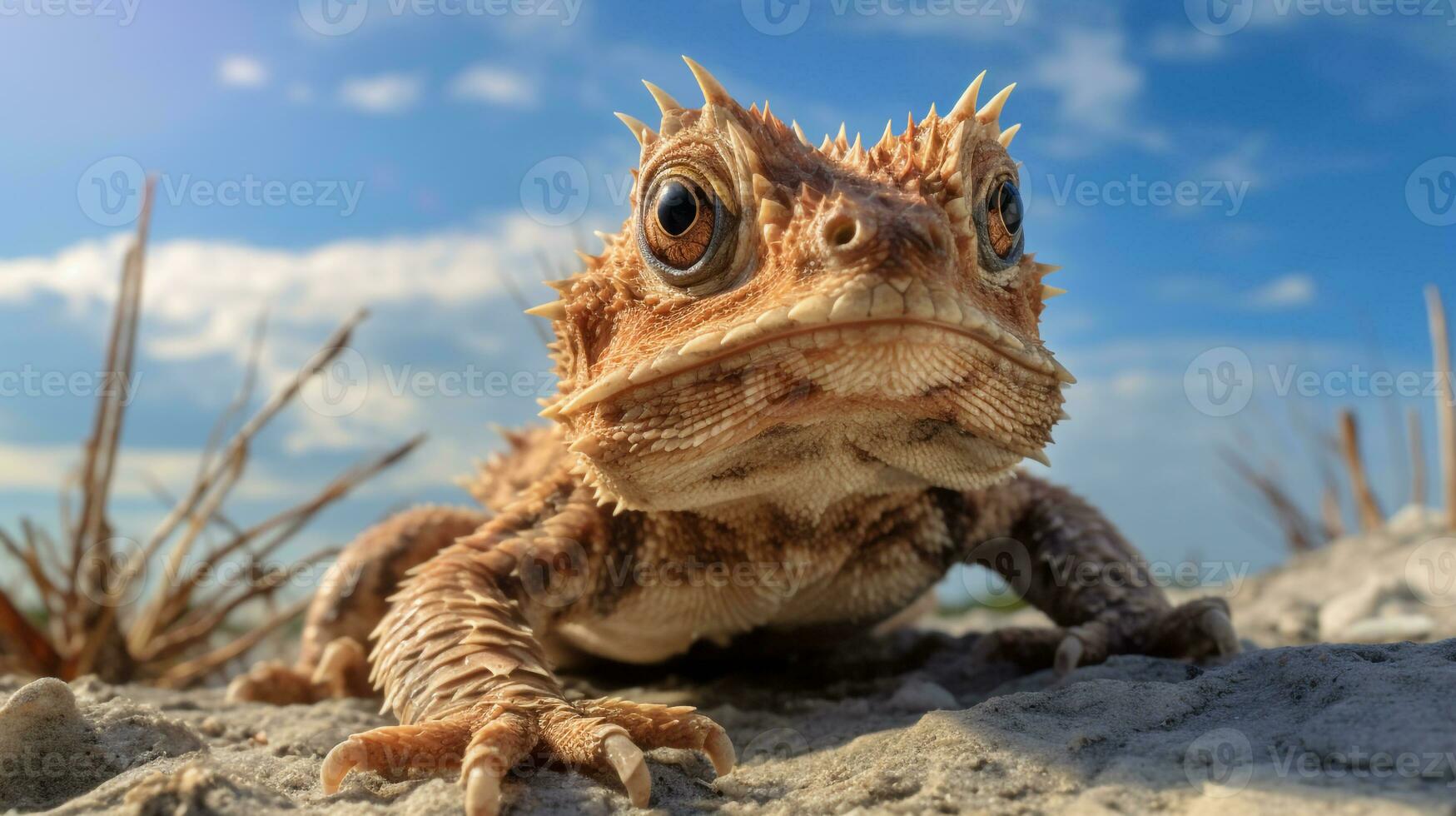 Photo of a Horned Toad in a Desert with blue sky. Generative AI