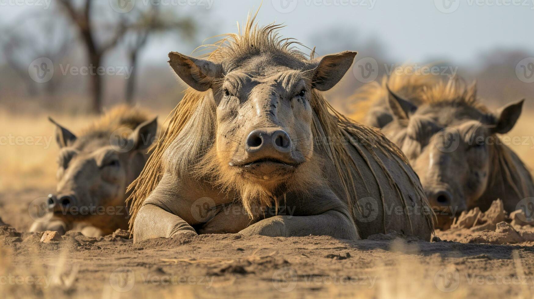 Photo of a herd of Warthog resting in an open area on the Savanna. Generative AI