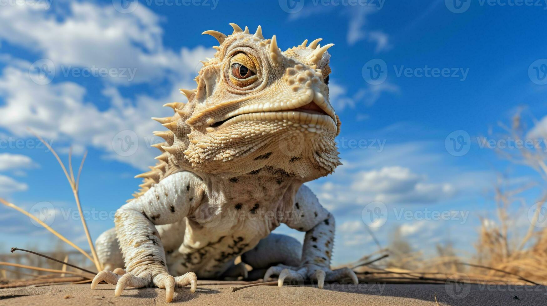 foto de un con cuernos sapo debajo azul cielo. generativo ai