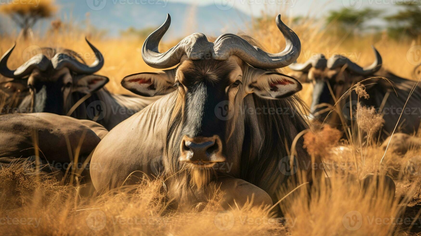 Photo of a herd of Wildebeest resting in an open area on the Savanna. Generative AI