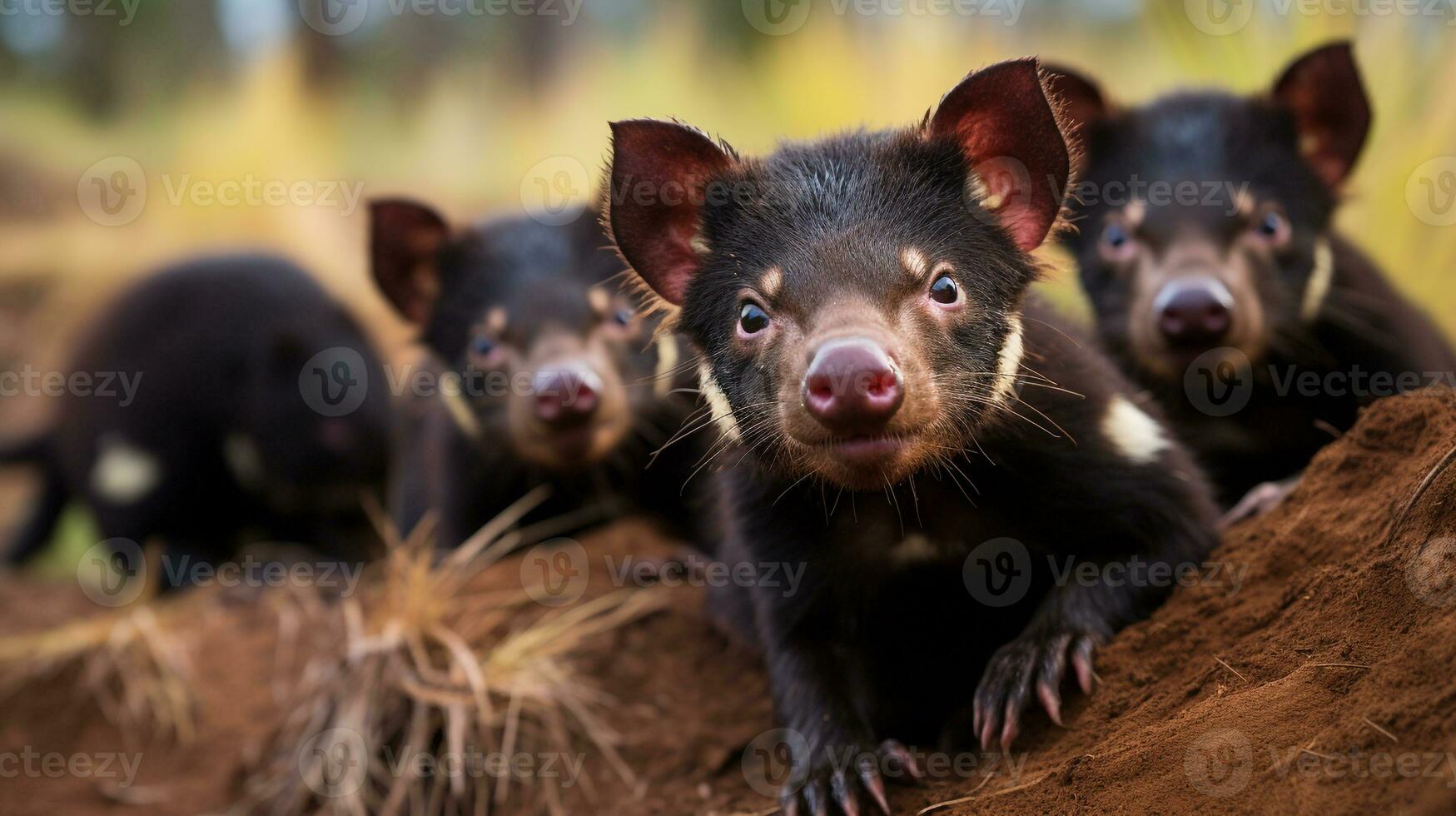 Photo of a herd of Tasmanian Devil resting in an open area on the Savanna. Generative AI