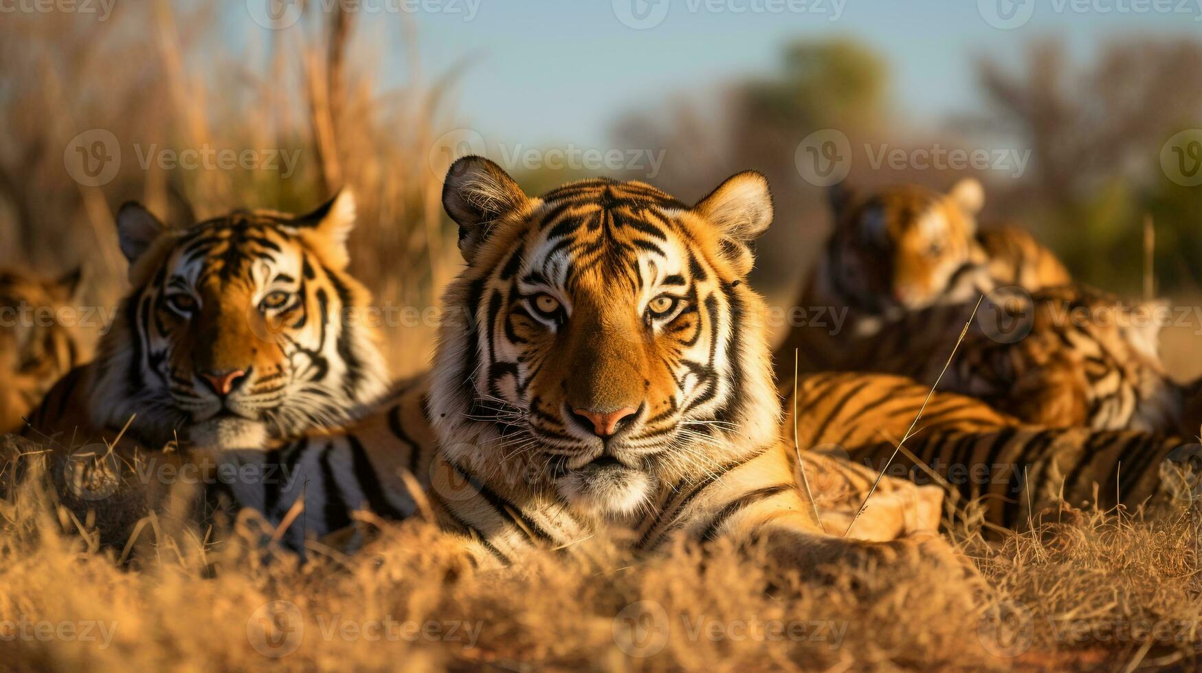 Photo of a herd of Tiger resting in an open area on the Savanna. Generative AI