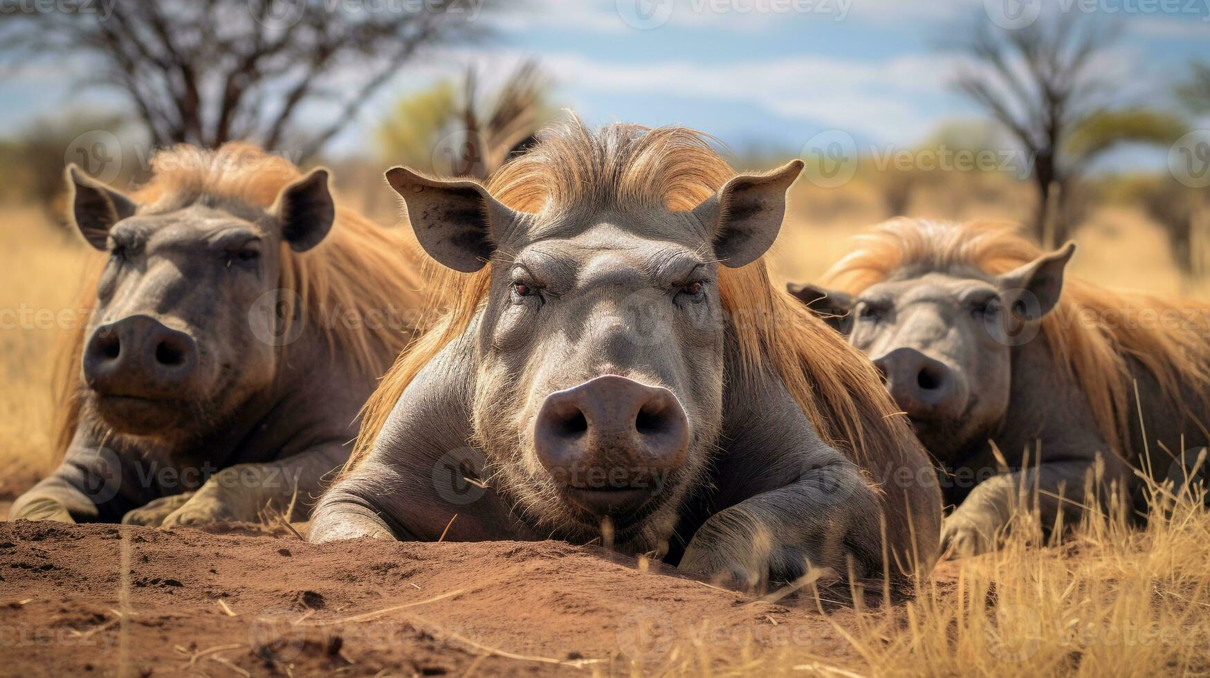 Photo of a herd of Warthog resting in an open area on the Savanna. Generative AI
