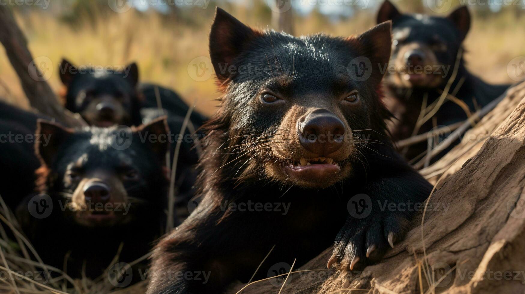 Photo of a herd of Tasmanian Devil resting in an open area on the Savanna. Generative AI