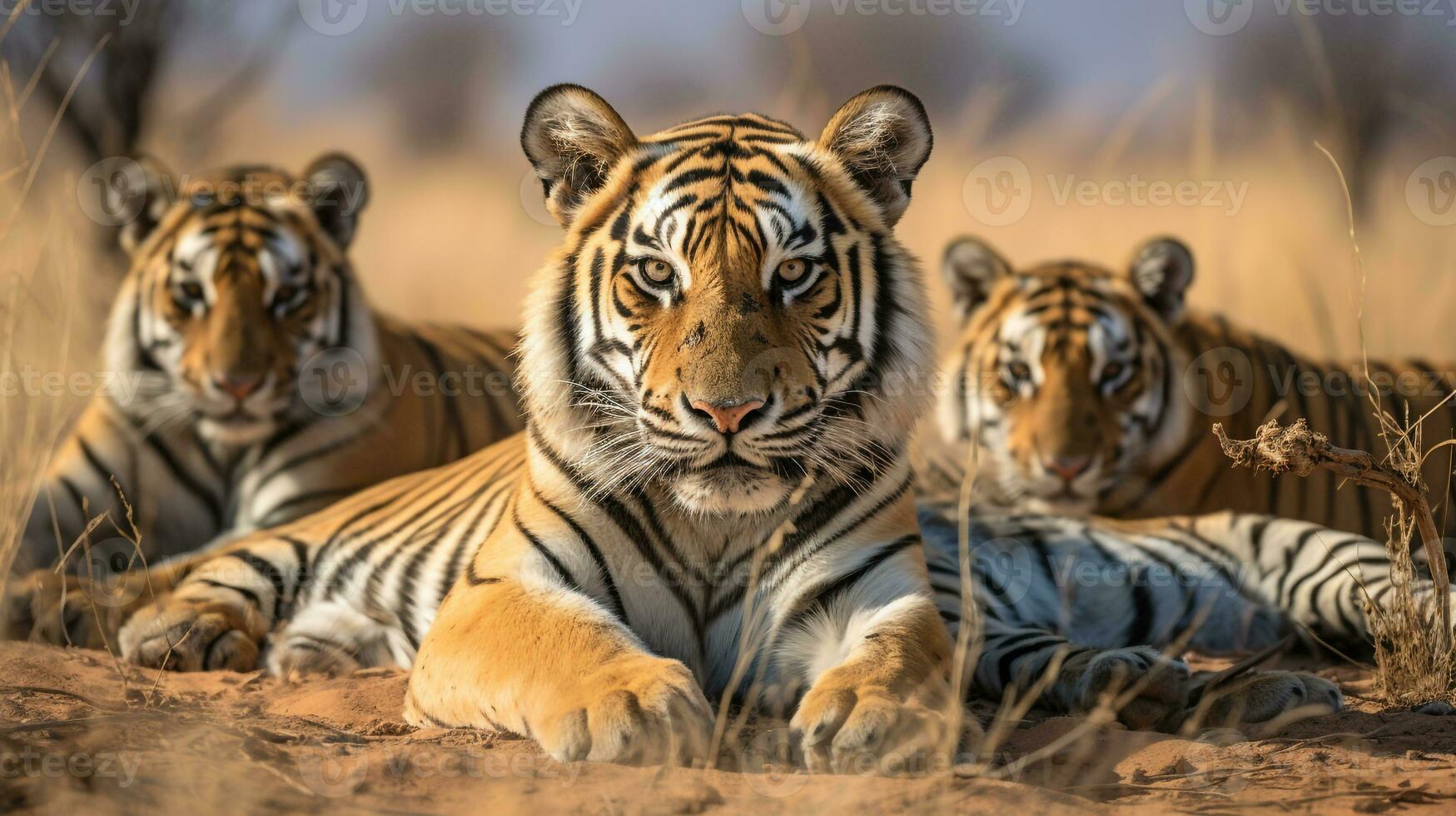 Photo of a herd of Tiger resting in an open area on the Savanna. Generative AI