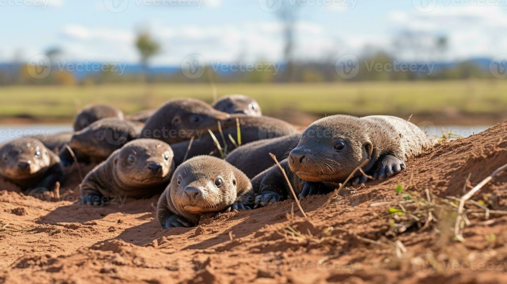 Photo of a herd of Platypus resting in an open area on the Savanna. Generative AI