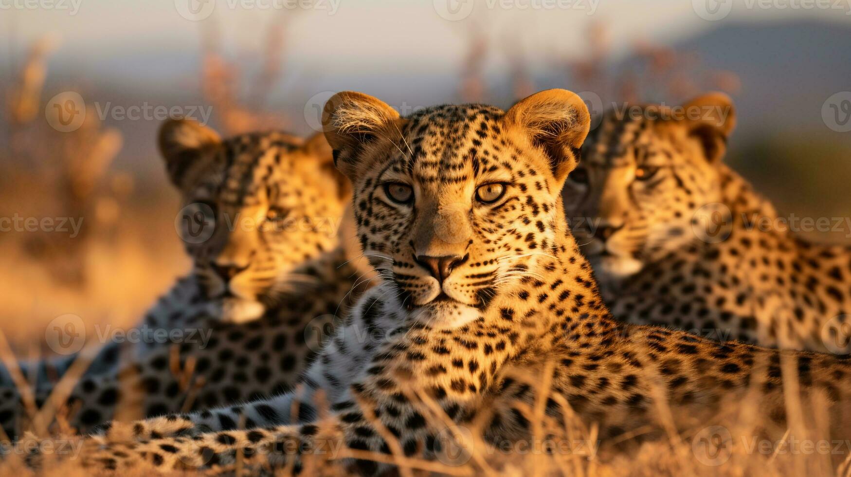 Photo of a herd of Leopard resting in an open area on the Savanna. Generative AI