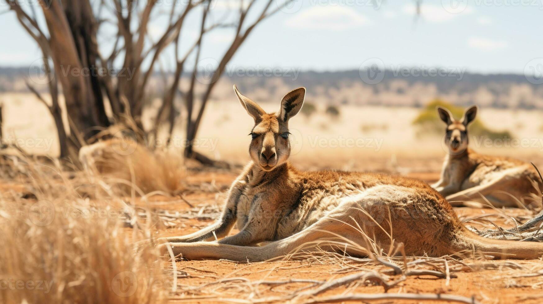 Photo of a herd of Kangaroo resting in an open area on the Savanna. Generative AI