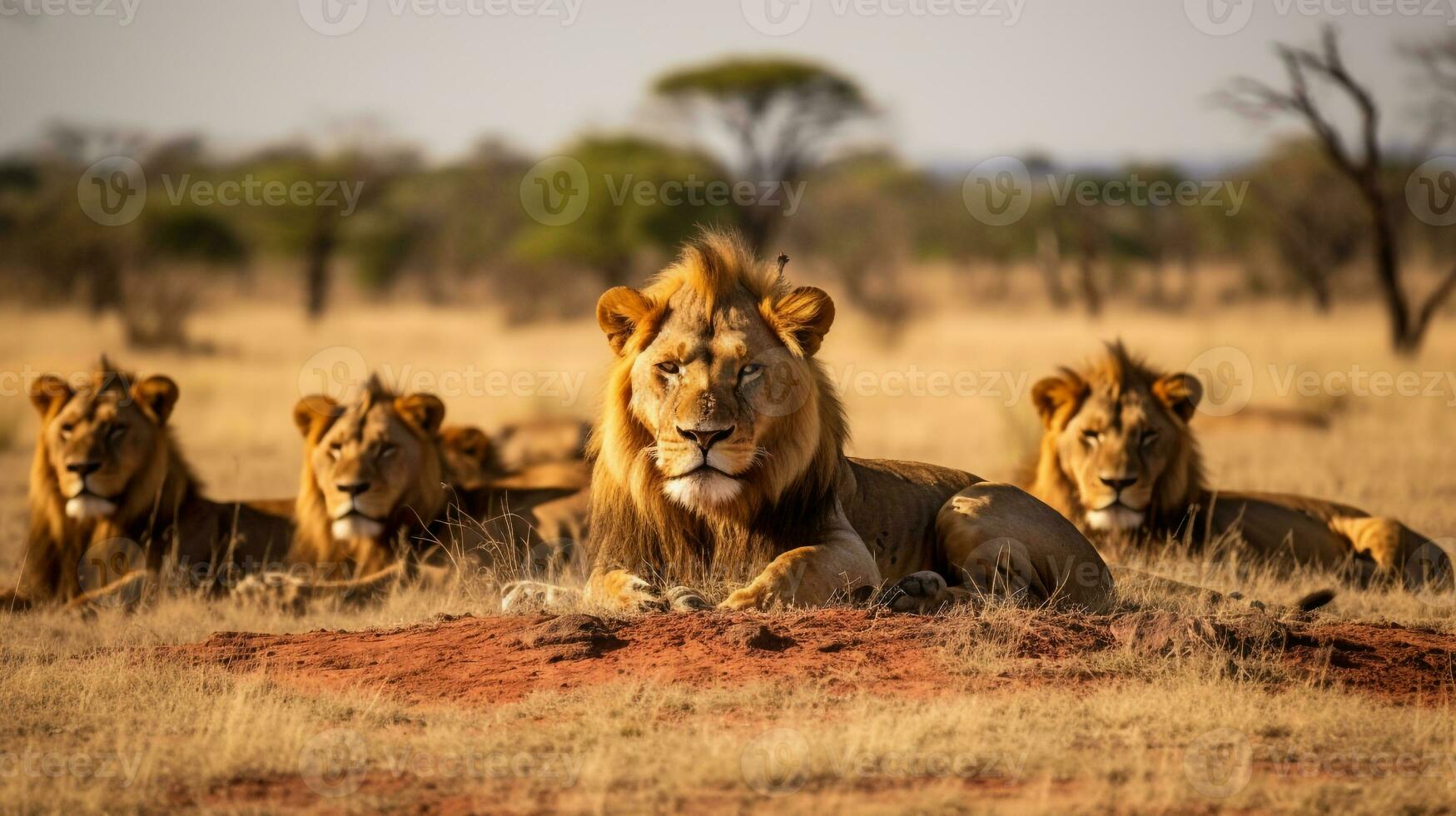 Photo of a herd of Lion resting in an open area on the Savanna. Generative AI