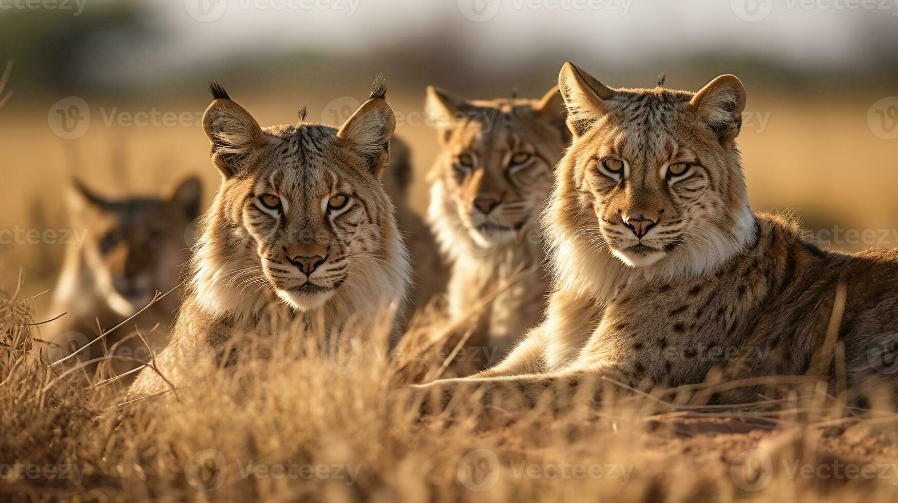 Photo of a herd of Lynx resting in an open area on the Savanna. Generative AI