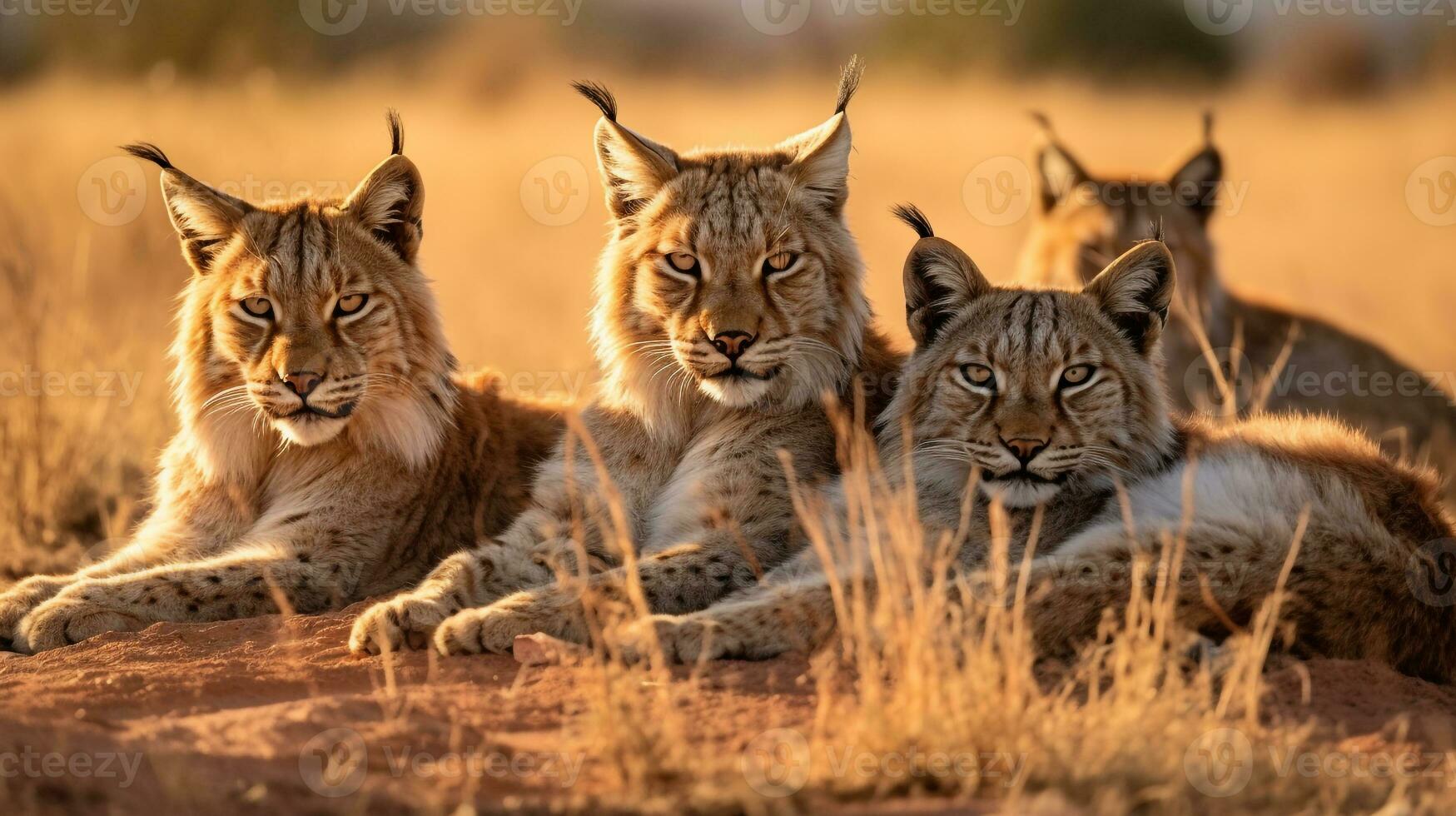 Photo of a herd of Lynx resting in an open area on the Savanna. Generative AI