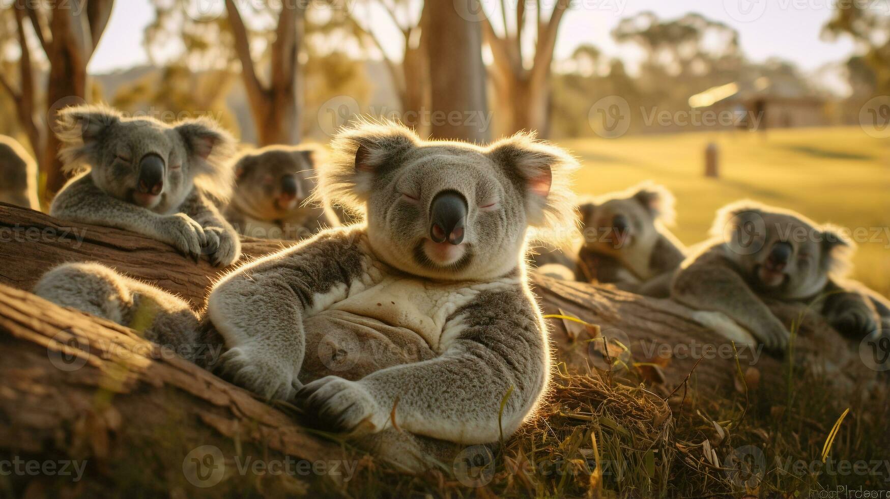 Photo of a herd of Koala resting in an open area on the Savanna. Generative AI