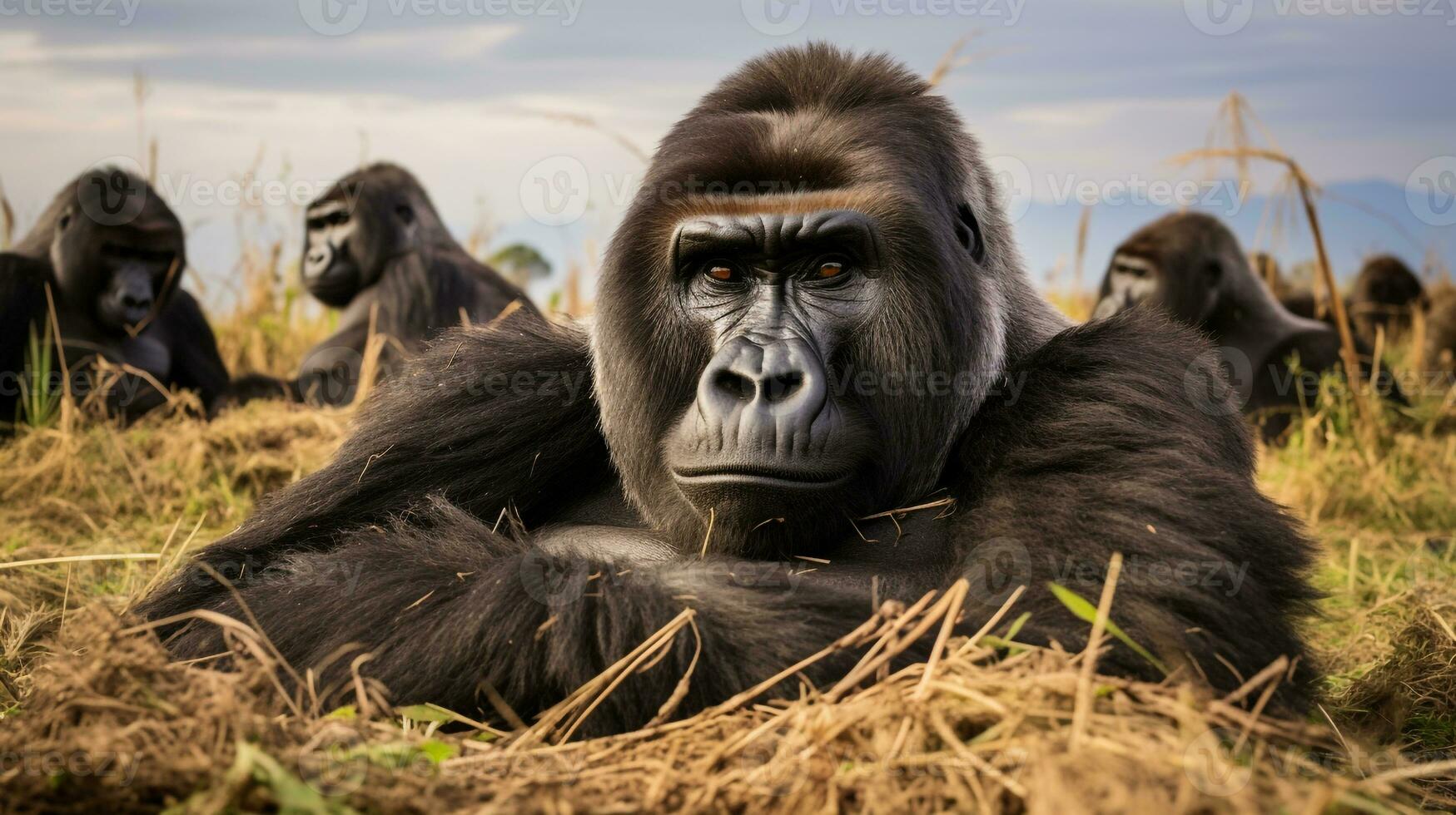 Photo of a herd of Gorilla resting in an open area on the Savanna. Generative AI