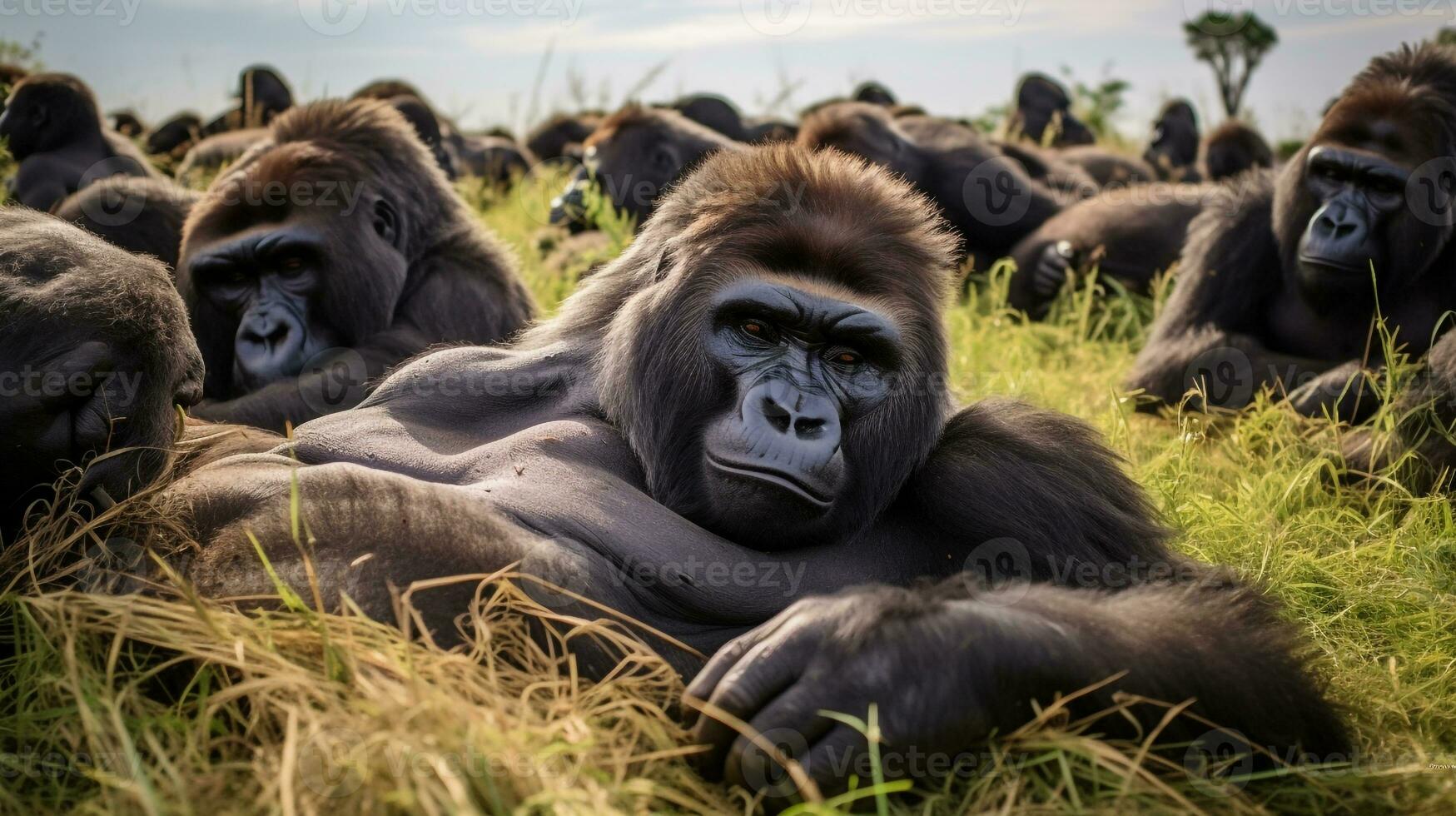 Photo of a herd of Gorilla resting in an open area on the Savanna. Generative AI