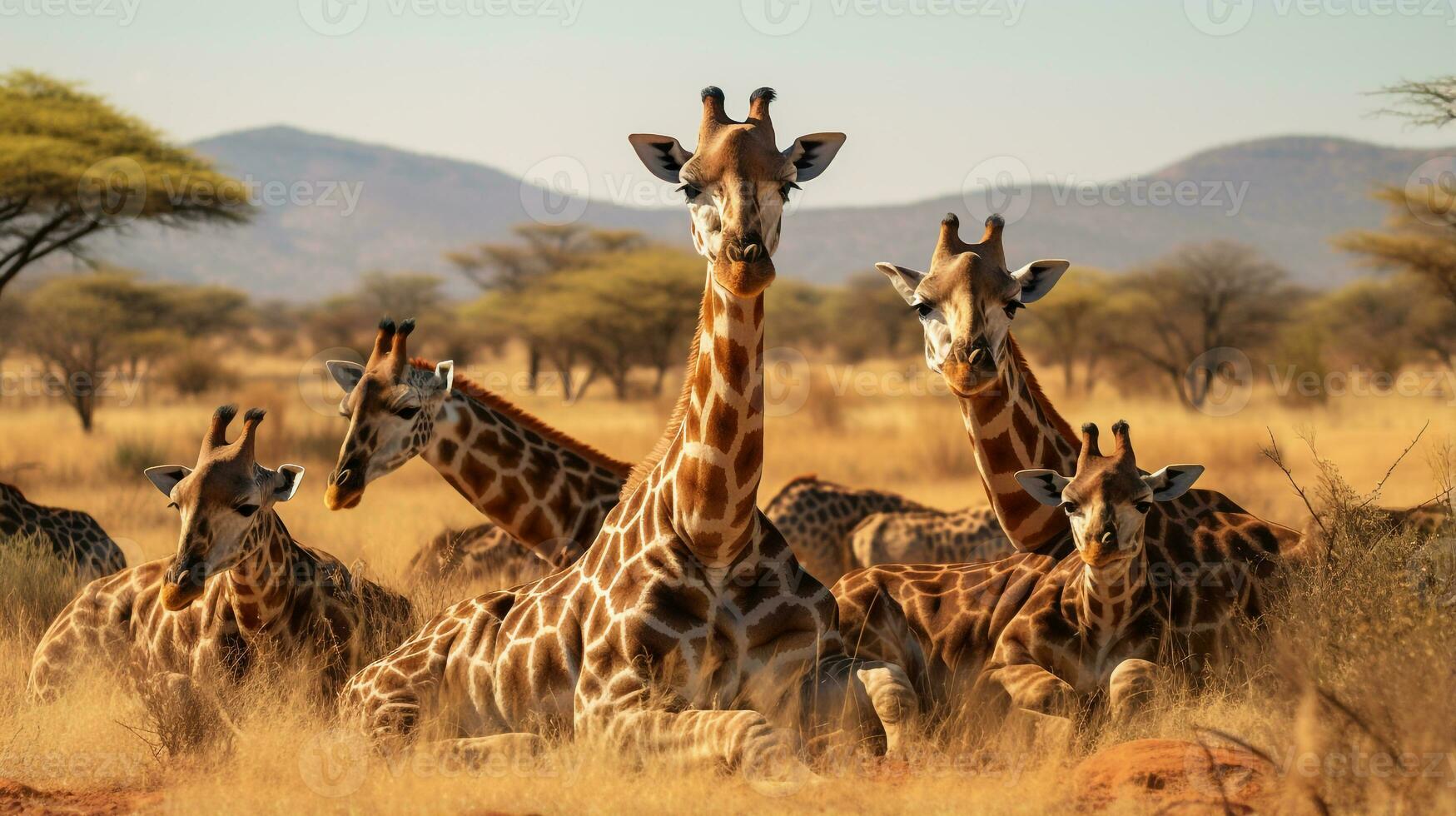 Photo of a herd of Giraffe resting in an open area on the Savanna. Generative AI