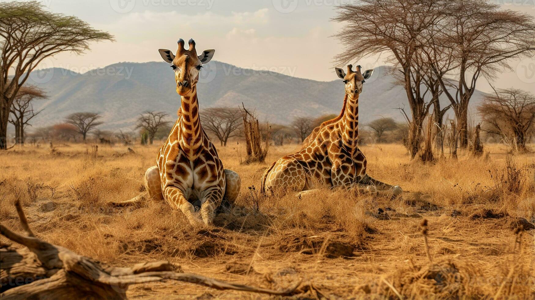 Photo of a herd of Giraffe resting in an open area on the Savanna. Generative AI