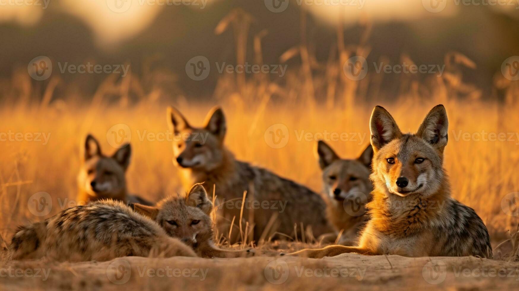 Photo of a herd of Jackal resting in an open area on the Savanna. Generative AI