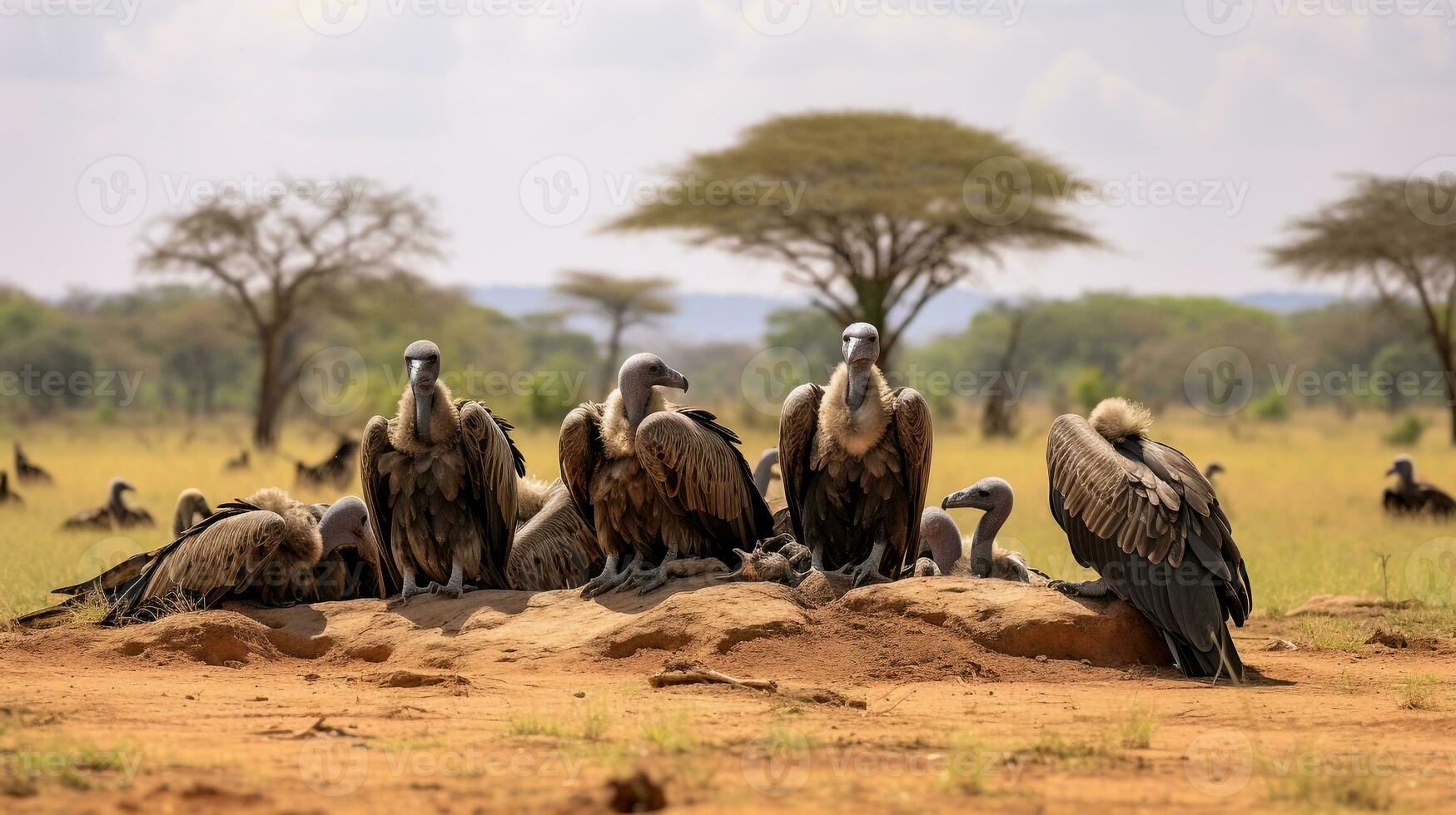 Photo of a herd of Vulture  resting in an open area on the Savanna. Generative AI