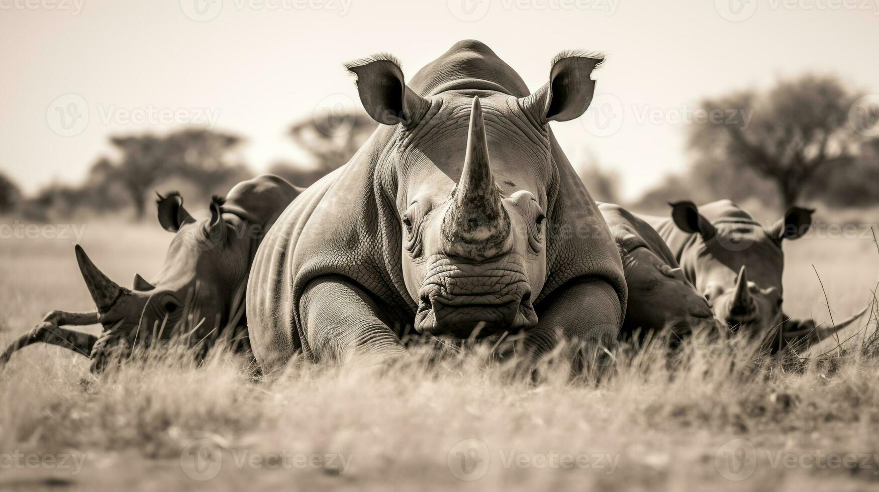Photo of a herd of Rhinoceros resting in an open area on the Savanna. Generative AI