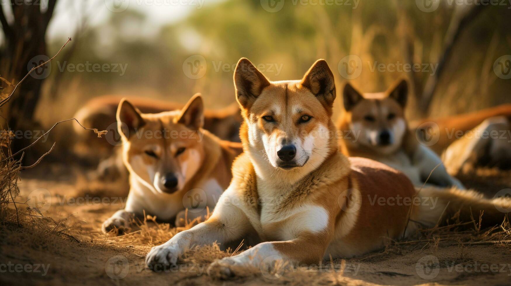 Photo of a herd of Dingo resting in an open area on the Savanna. Generative AI