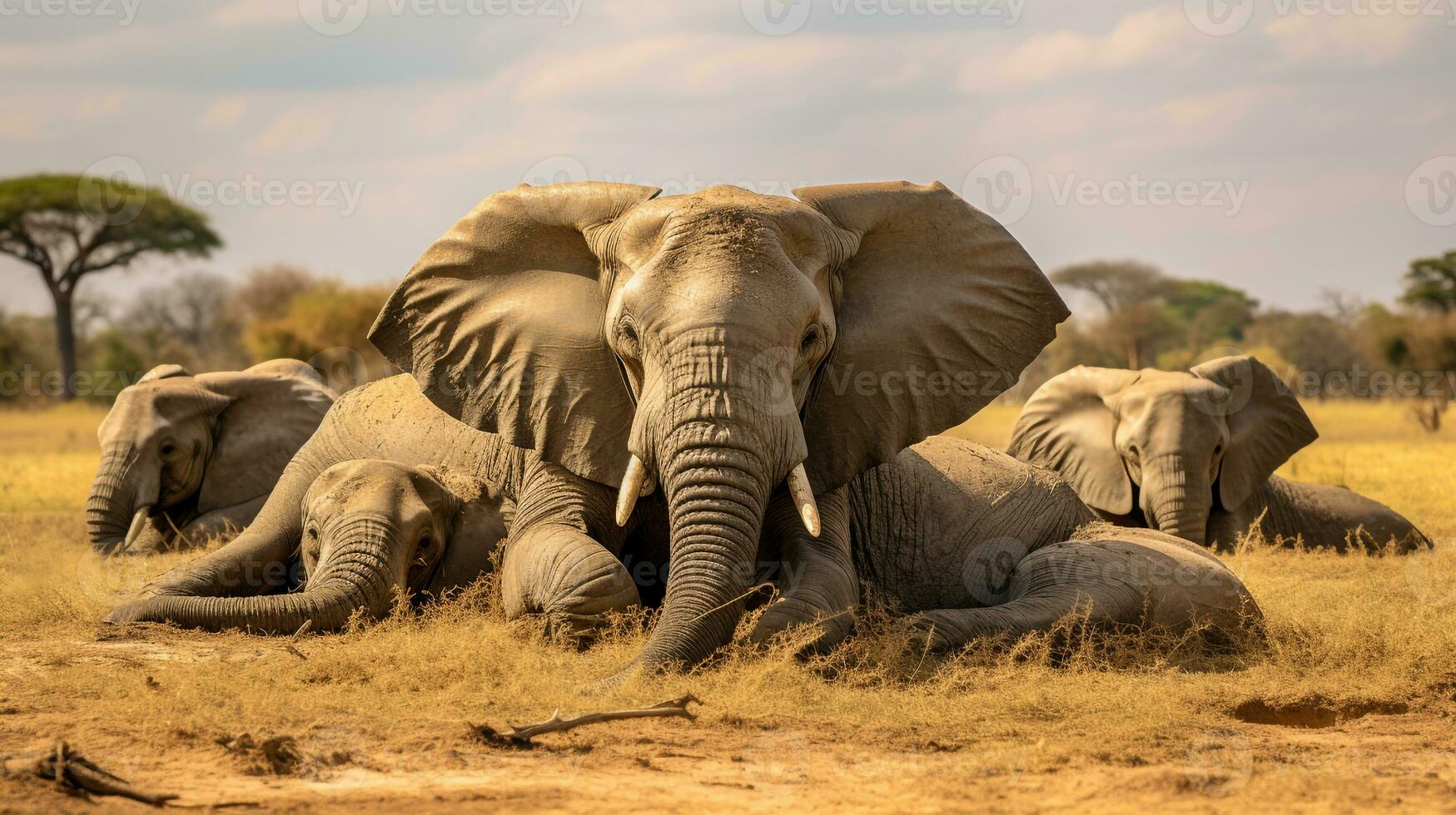Photo of a herd of Elephant resting in an open area on the Savanna. Generative AI