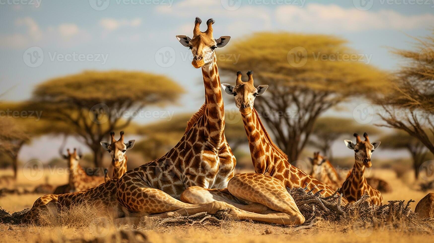 Photo of a herd of Giraffe resting in an open area on the Savanna. Generative AI