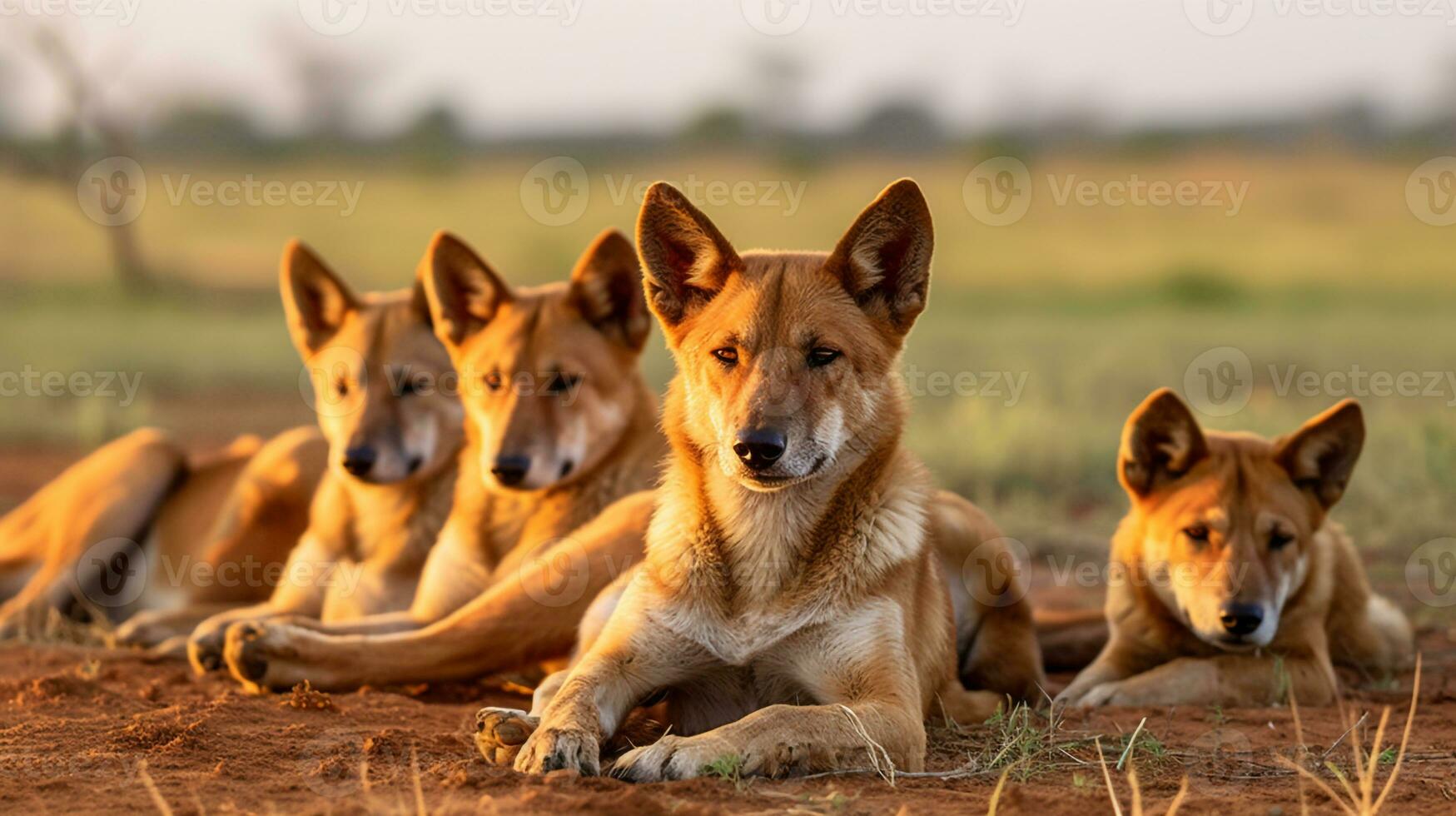 Photo of a herd of Dingo resting in an open area on the Savanna. Generative AI