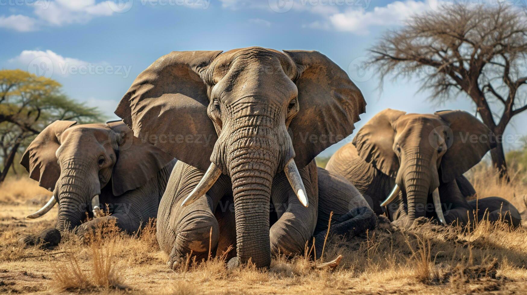 Photo of a herd of Elephant resting in an open area on the Savanna. Generative AI