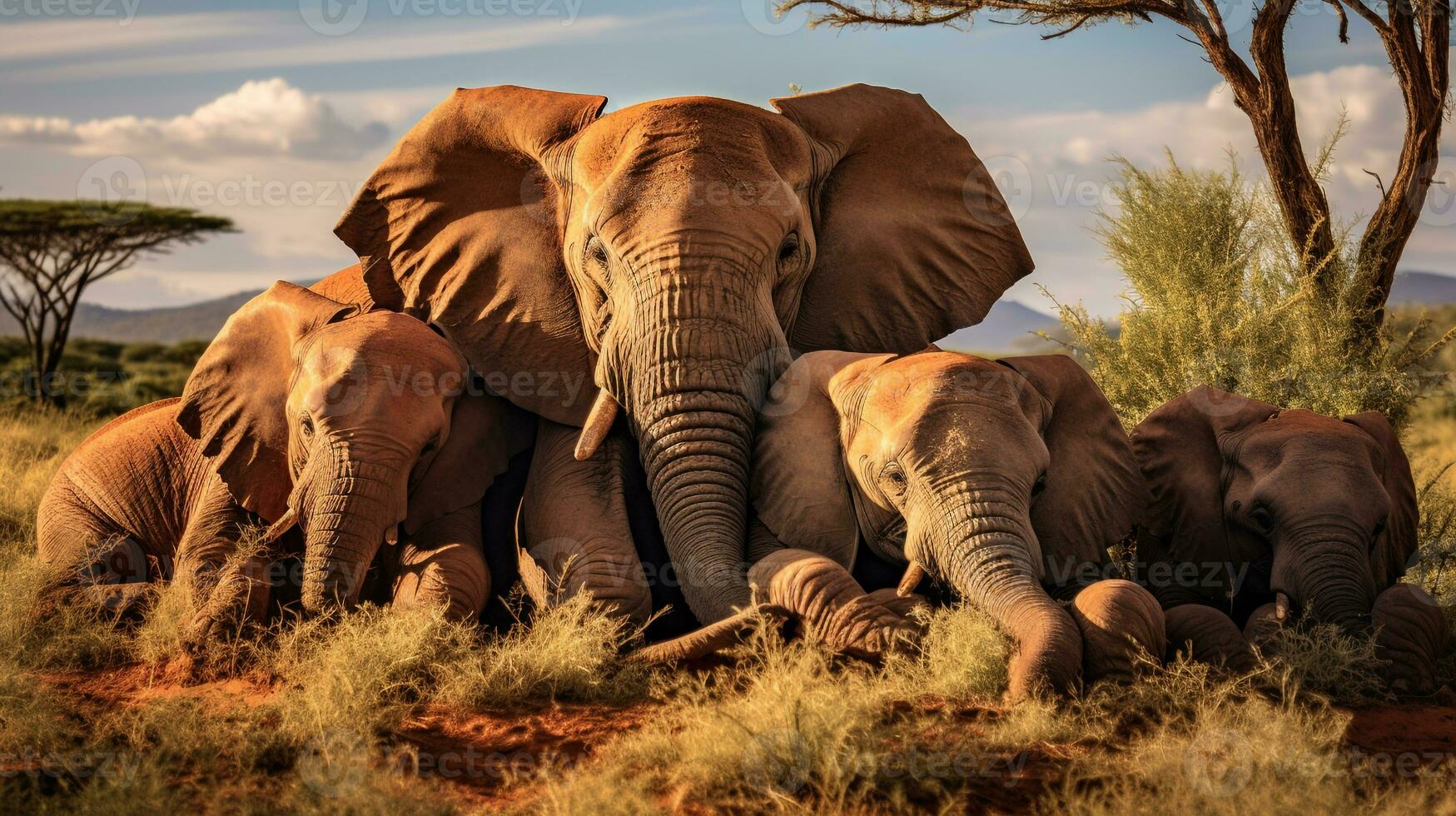 Photo of a herd of Elephant resting in an open area on the Savanna. Generative AI