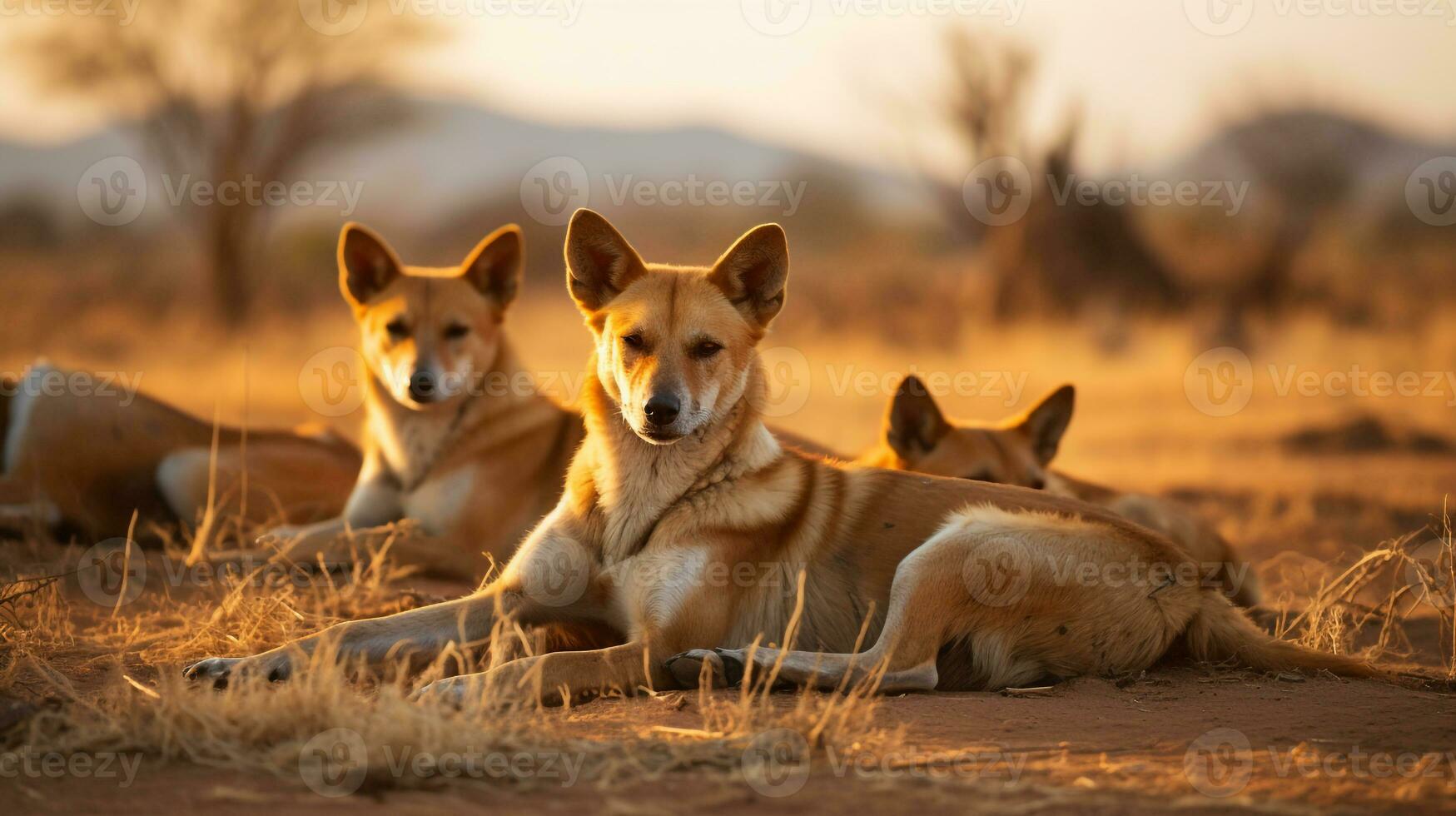 Photo of a herd of Dingo resting in an open area on the Savanna. Generative AI