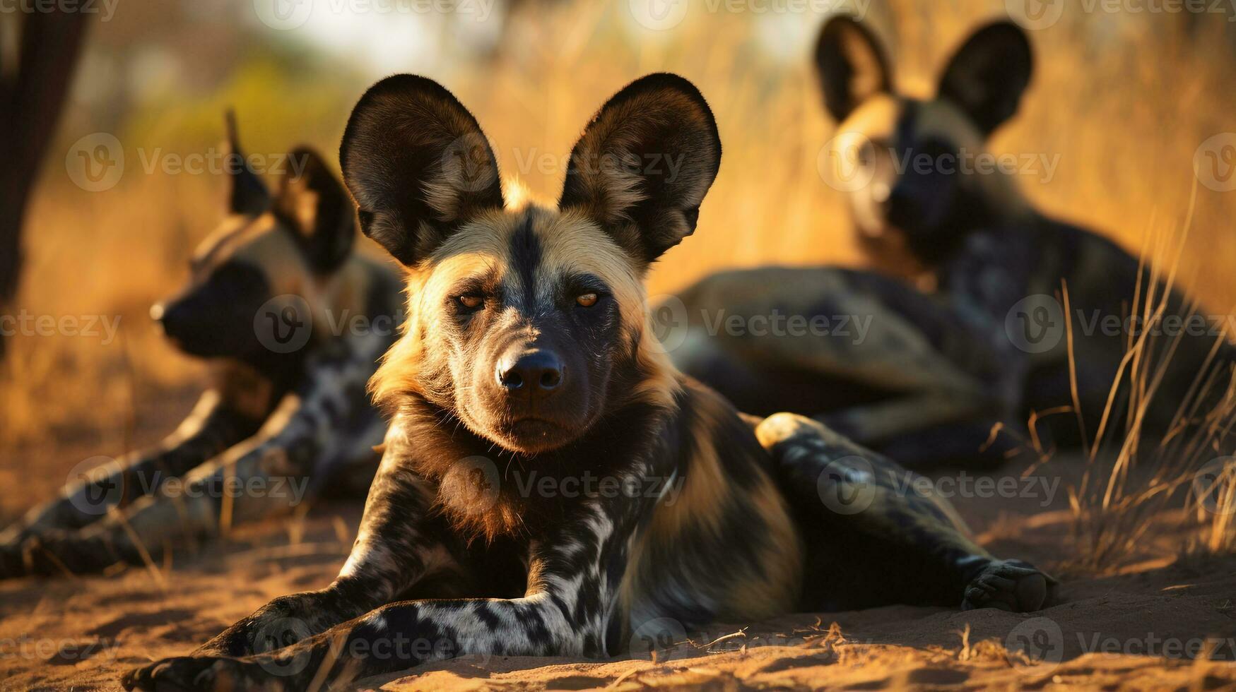 Photo of a herd of African Wild Dog resting in an open area on the Savanna. Generative AI