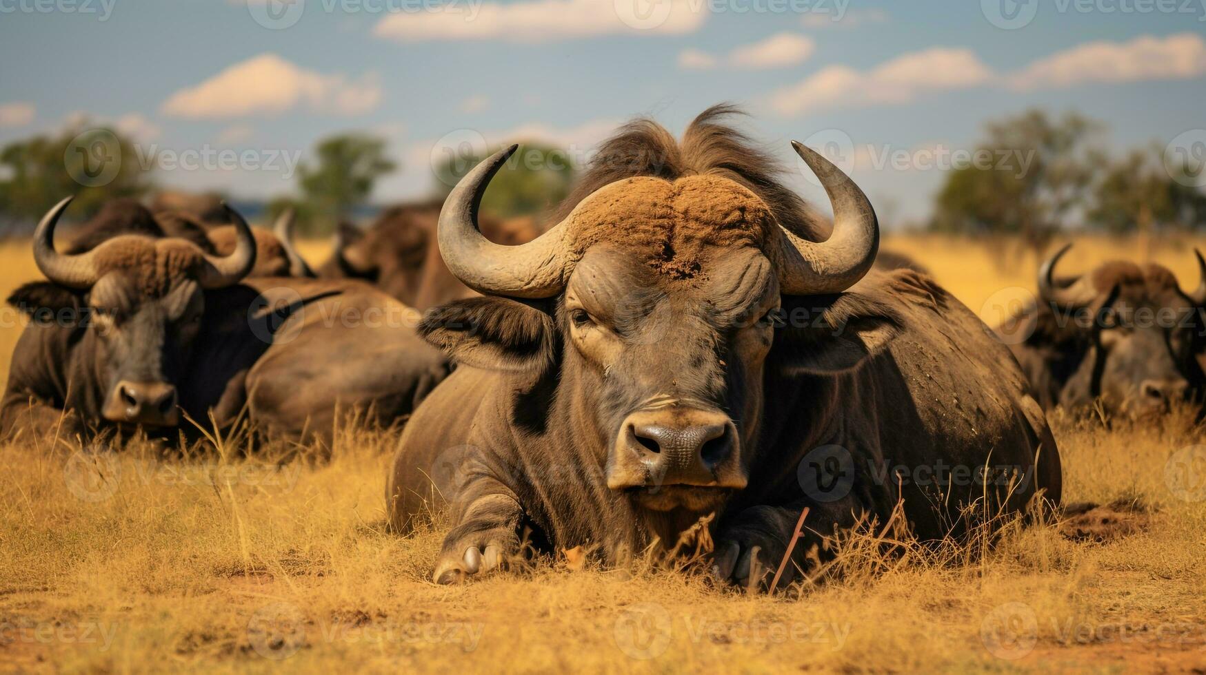 Photo of a herd of Bison resting in an open area on the Savanna. Generative AI