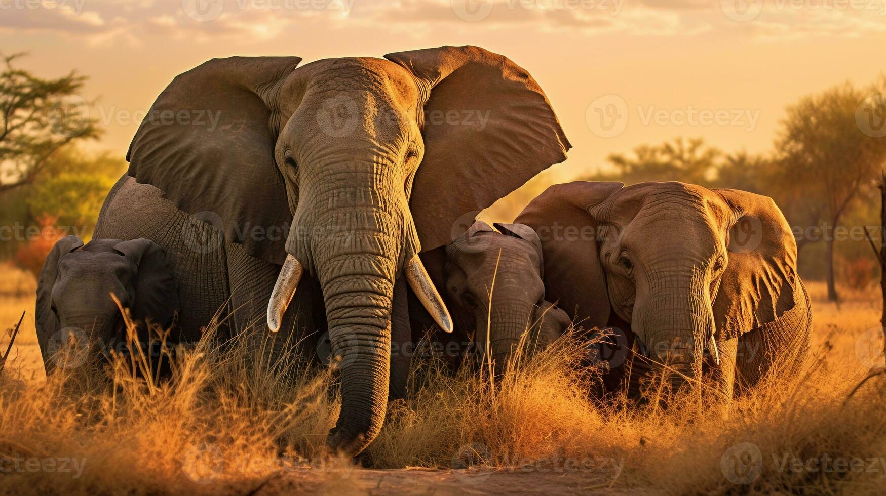 Photo of a herd of African Elephant resting in an open area on the Savanna. Generative AI