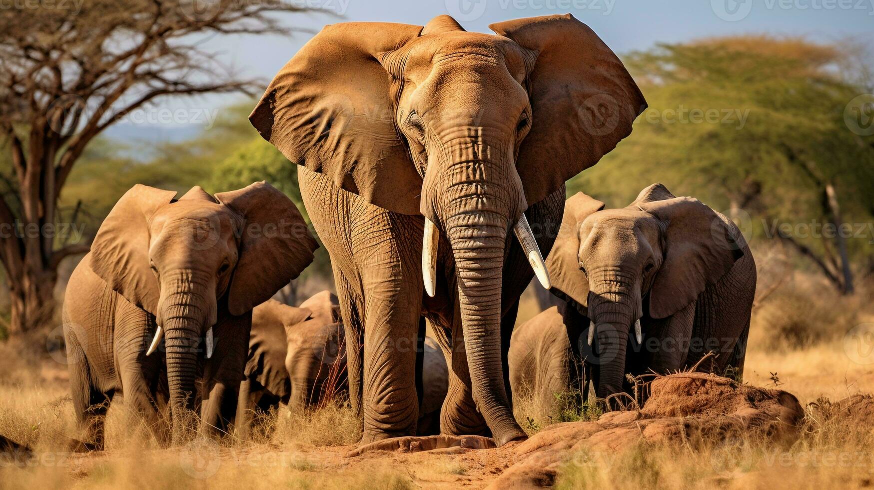 Photo of a herd of African Elephant resting in an open area on the Savanna. Generative AI